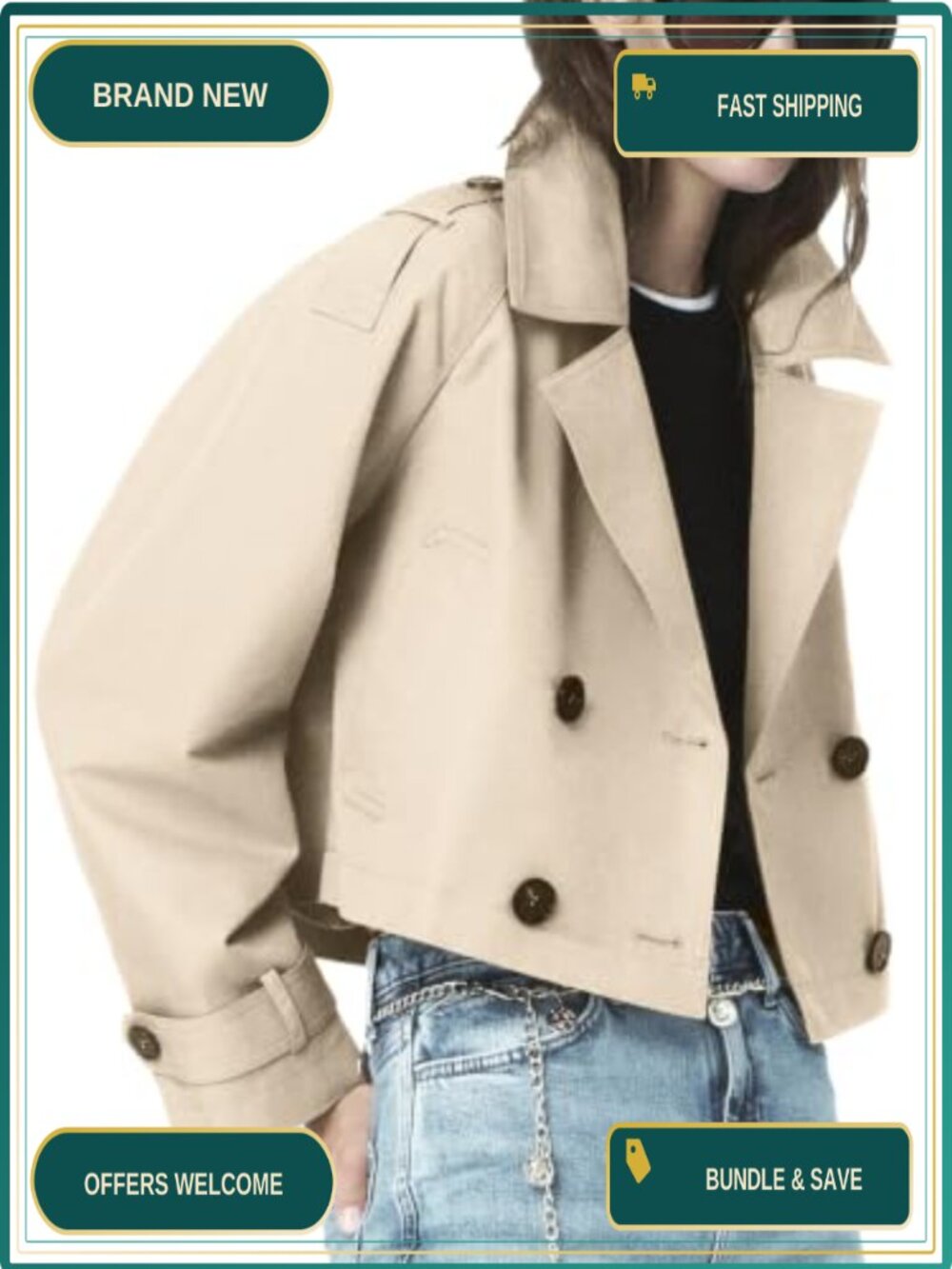 Women's Cropped Trench Coat Polyester Button Down Short Fall Jacket